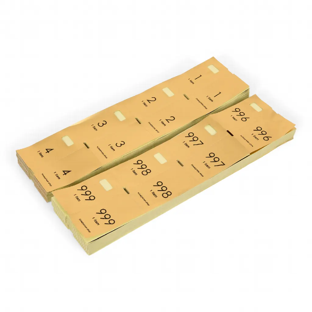 1000 pre-printed cloakroom tickets, gold with black print